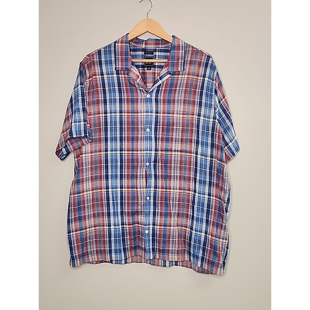 GAP Mens XL 100 % Linen Blend Blue Plaid Button Up Short Sleeve Shirt Resortwear
